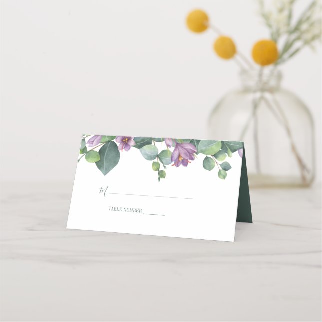 Tarjeta De Asiento Boda de vegetación floral de eucalipto verde púrpu (Anverso)