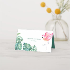 Tarjeta De Asiento Boda de vegetación tropical Flamingo y acuarela