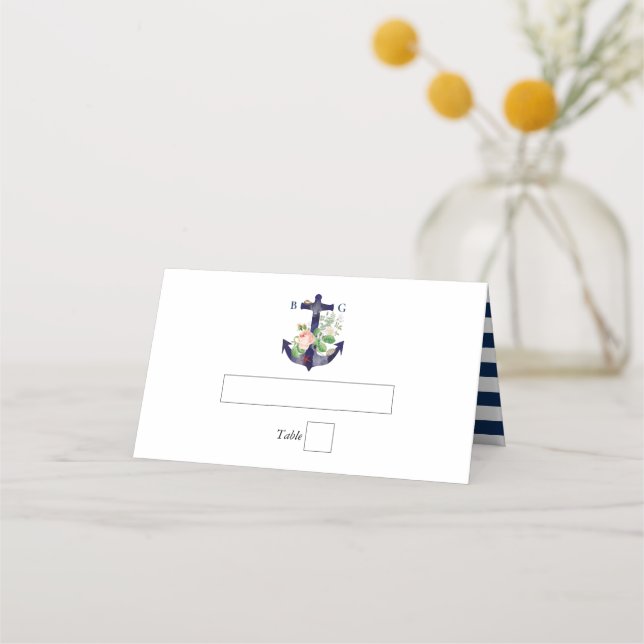 Tarjeta De Asiento Boda De Verano Náutico De Flores Botánicas De Ancl (Anverso)