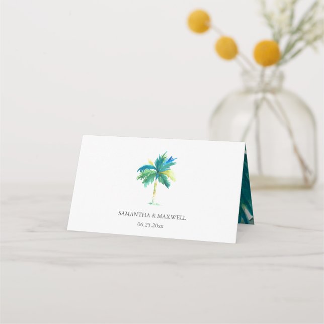 Tarjeta De Asiento Boda del árbol de palmas tropical acuarela (Reverso)