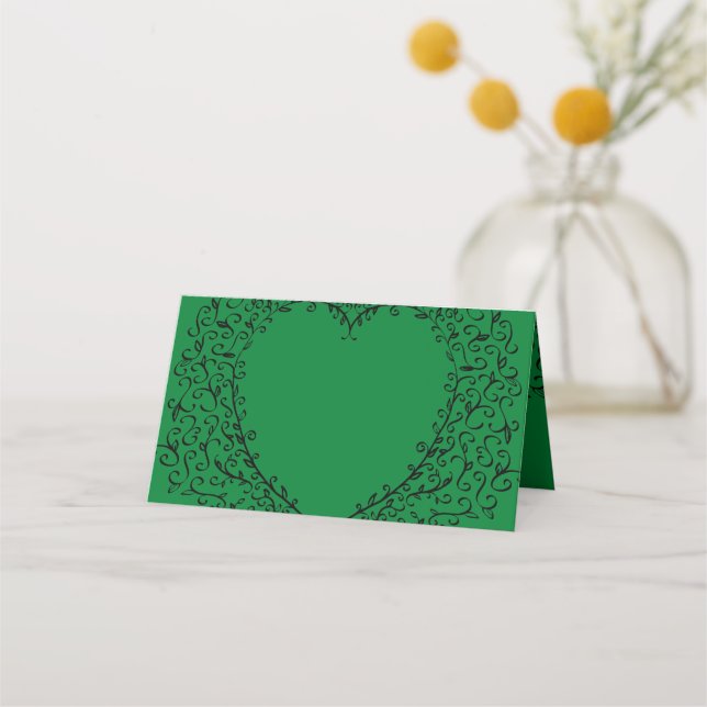 Tarjeta De Asiento Boda del corazón verde y negro (Anverso)