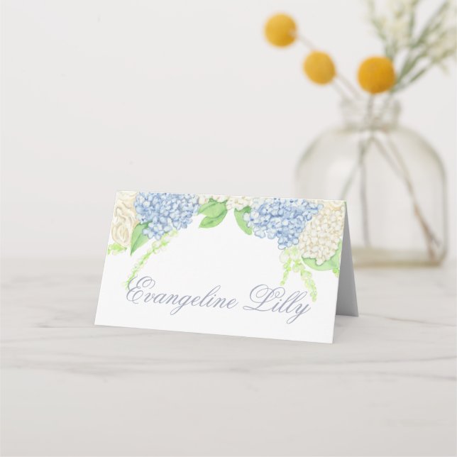 Tarjeta De Asiento Boda del Escudo de hidrangea azul y blanca (Anverso)