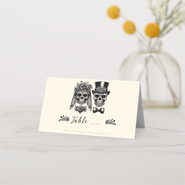 Tarjeta De Asiento Boda del esqueleto de crema negra y dorada (Anverso)