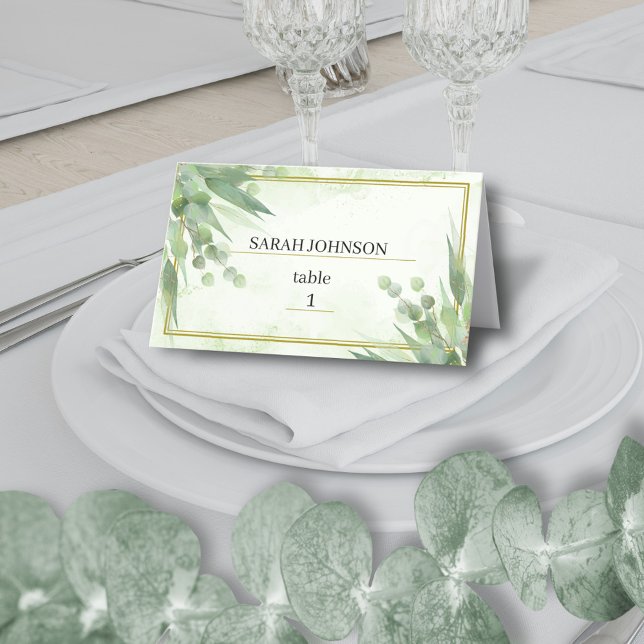 Tarjeta De Asiento Boda del follaje de oro verde del marco del eucali (Subido por el creador)