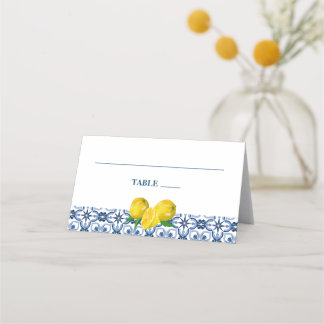 Tarjeta De Asiento Boda del patrón blanco y azul Positano Lemons
