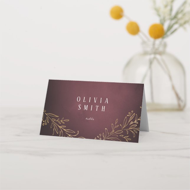 Tarjeta De Asiento Boda dorada burgundy botánica elegante (Anverso)