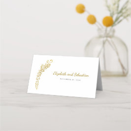 Tarjeta De Asiento Boda elegante blanca con mariposa florida de oro