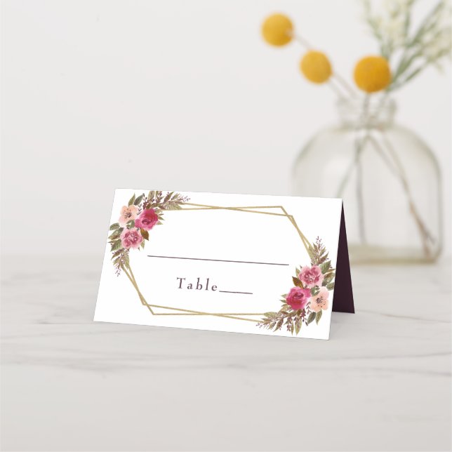 Tarjeta De Asiento Boda Elegante Chic Floral Marco Dorado Blanco (Anverso)