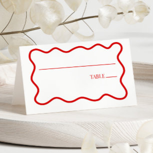 Tarjeta De Asiento Boda elegante con borde ondulado rojo y blanco