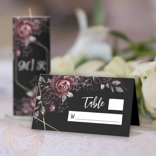 Tarjeta De Asiento Boda elegante de Black Dark Florals (Subido por el creador)