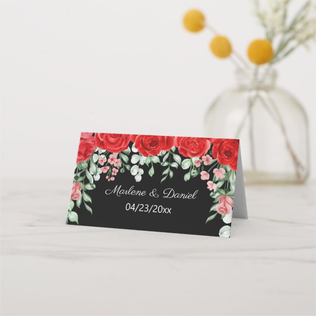 Tarjeta De Asiento Boda Elegante De Flores Rojas Y Negras (Anverso)
