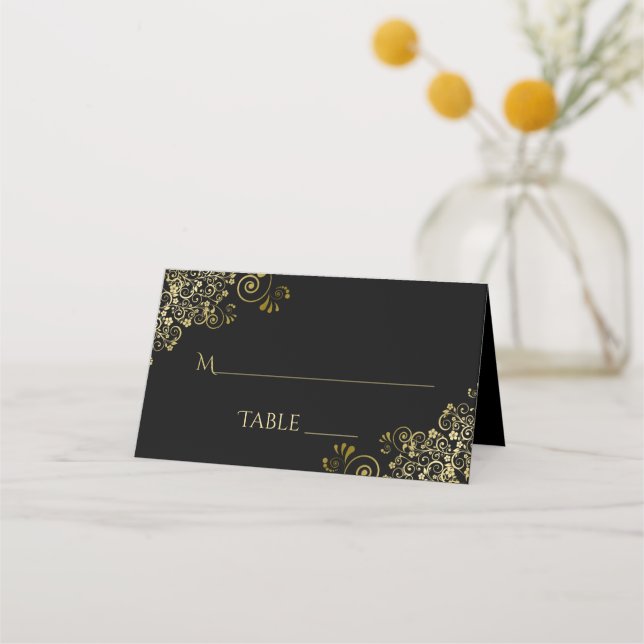 Tarjeta De Asiento Boda elegante en negro y dorado para escribir (Reverso)