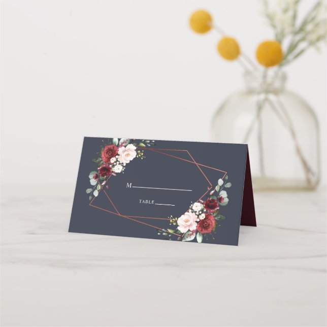 Tarjeta De Asiento Boda elegante geométrica de cobre borgoña azul (Anverso)