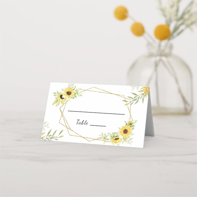 Tarjeta De Asiento Boda elegante geométrica de girasol de oro (Anverso)