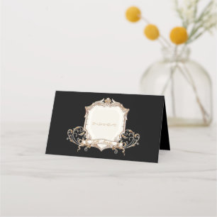 Tarjeta De Asiento Boda elegante Gold n Black Swirls Shield