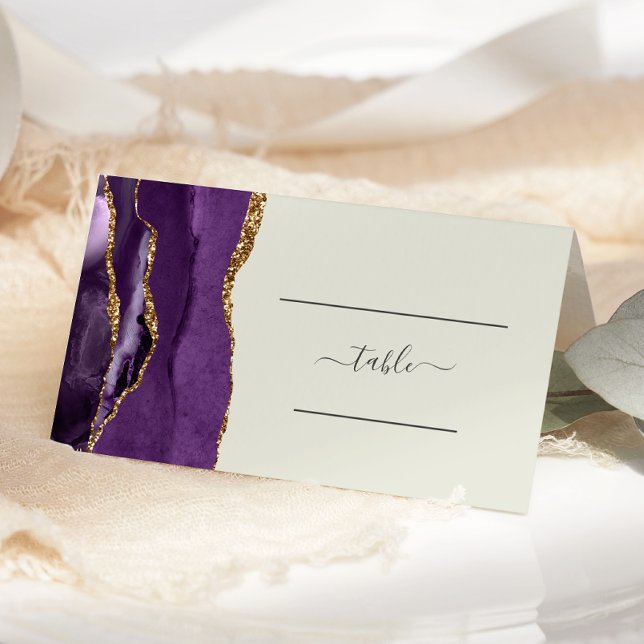 Tarjeta De Asiento Boda Elegante Marfil Ágata Purpura Dorado (Subido por el creador)