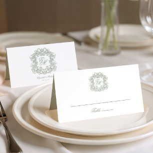Tarjeta De Asiento Boda Elegante Monograma de Cima Verde Saga Vintage