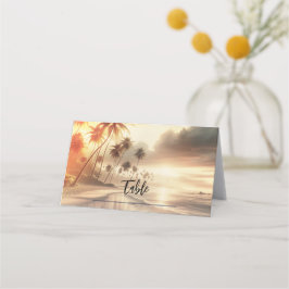 Tarjeta De Asiento Boda en la playa con palmeras y puesta de sol nara