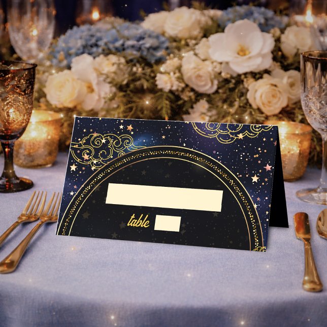 Tarjeta De Asiento Boda estrellas astronomía celestial oro azul (Subido por el creador)