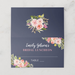 Tarjeta De Asiento Boda floral acuarela rosa y azul marino novia