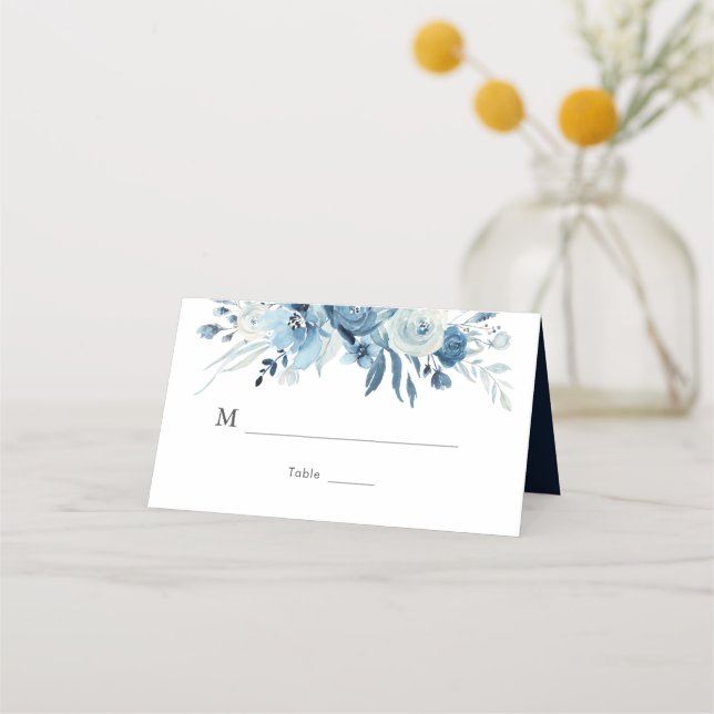 Tarjeta De Asiento Boda floral azul acuarela (Anverso)