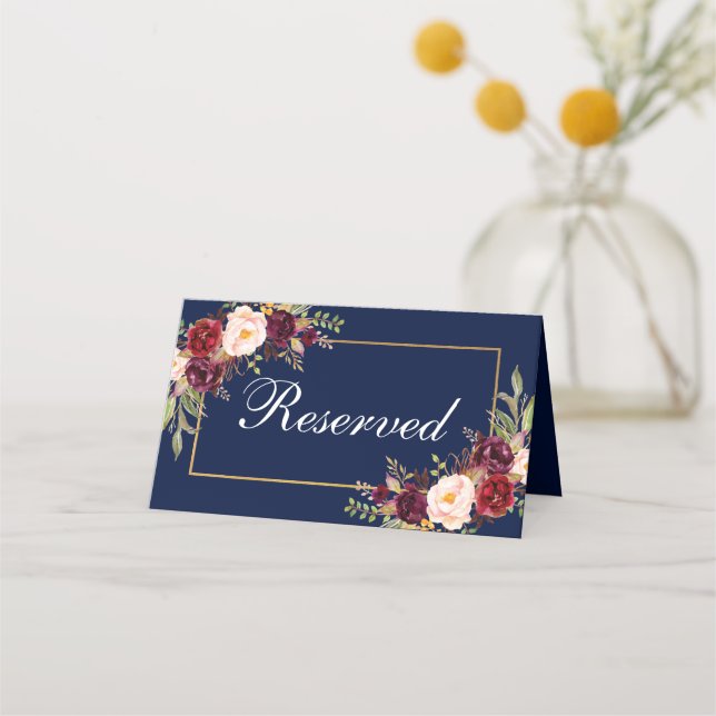 Tarjeta De Asiento Boda Floral Azul Borgoña Reservado (Anverso)