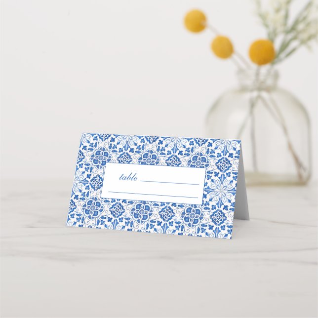 Tarjeta De Asiento Boda floral azul de azulejos portugueses (Anverso)