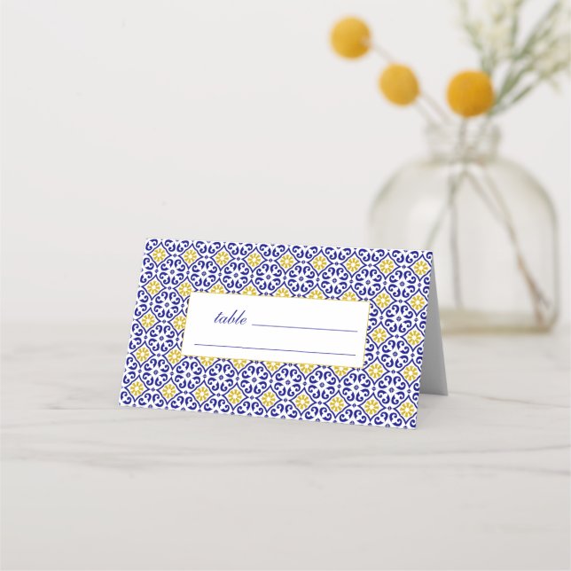 Tarjeta De Asiento Boda floral azul de azulejos portugueses (Anverso)