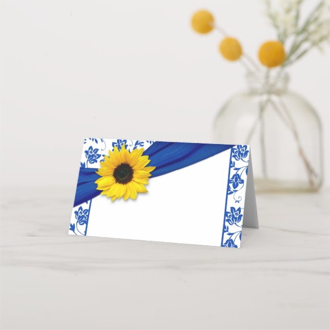 Tarjeta De Asiento Boda floral azul de girasol amarillo (Anverso)