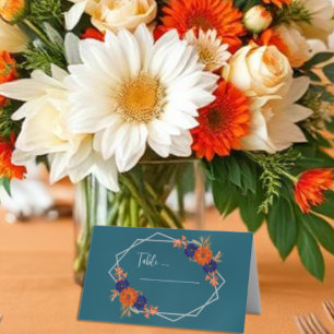 Tarjeta De Asiento Boda floral azul de la Marina Naranja de otoño rus