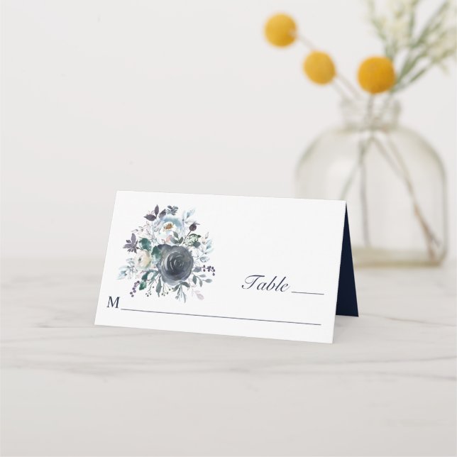 Tarjeta De Asiento Boda Floral Azul de la Marina Polvorienta (Anverso)