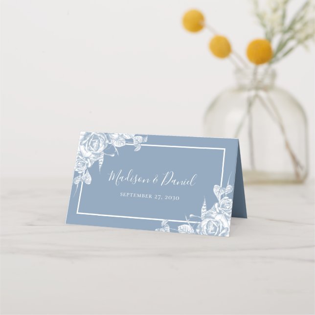 Tarjeta De Asiento Boda Floral Azul Dusty (Reverso)