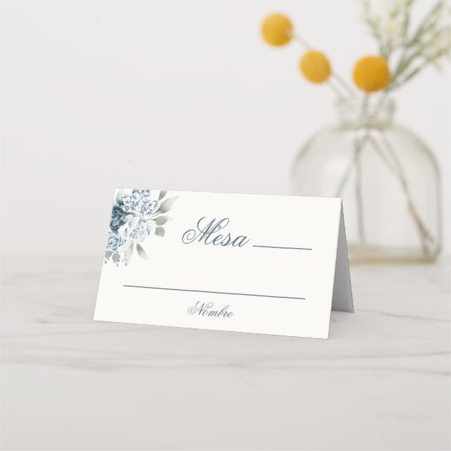 Tarjeta De Asiento Boda Floral Azul Español (Anverso)