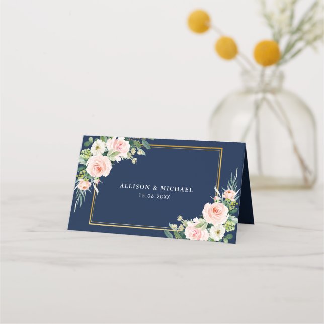 Tarjeta De Asiento Boda floral azul marino y acuarela rubia (Reverso)