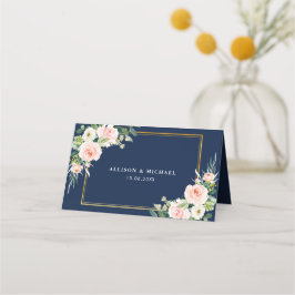 Tarjeta De Asiento Boda floral azul marino y acuarela rubia