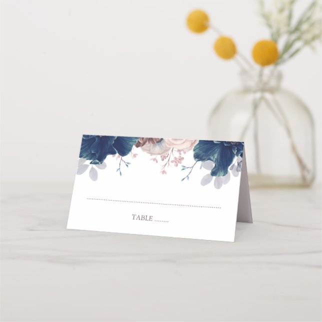 Tarjeta De Asiento Boda floral azul marino y malva (Anverso)