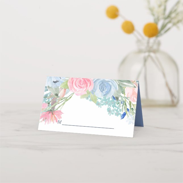 Tarjeta De Asiento Boda floral azul rosa azul acuarela (Anverso)