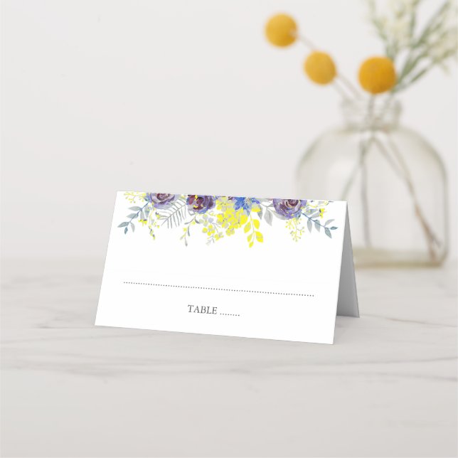 Tarjeta De Asiento Boda floral azul y amarillo (Anverso)