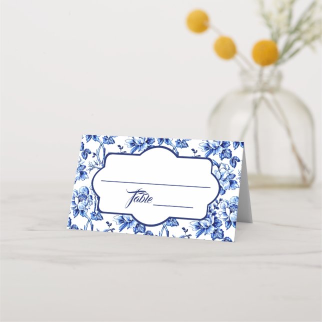 Tarjeta De Asiento Boda Floral Azul y Blanco (Anverso)