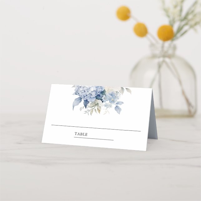 Tarjeta De Asiento Boda floral azul y blanco turbio (Anverso)