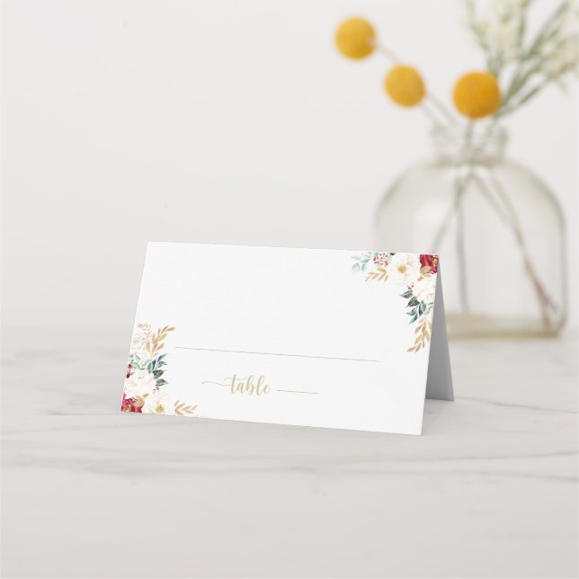 Tarjeta De Asiento Boda Floral Blanca Borgoña de oro clásico (Anverso)