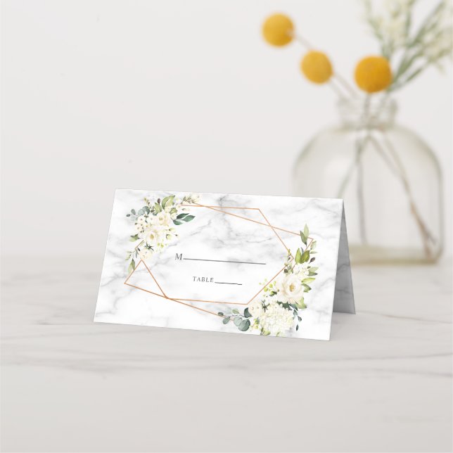 Tarjeta De Asiento Boda Floral blanca de mármol geométrico de cobre (Anverso)