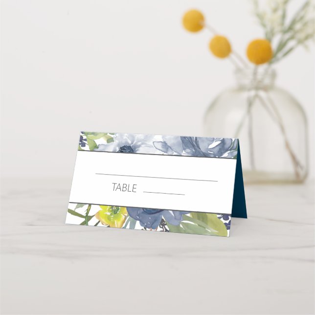 Tarjeta De Asiento Boda floral blanco amarillo azul de la marina (Anverso)