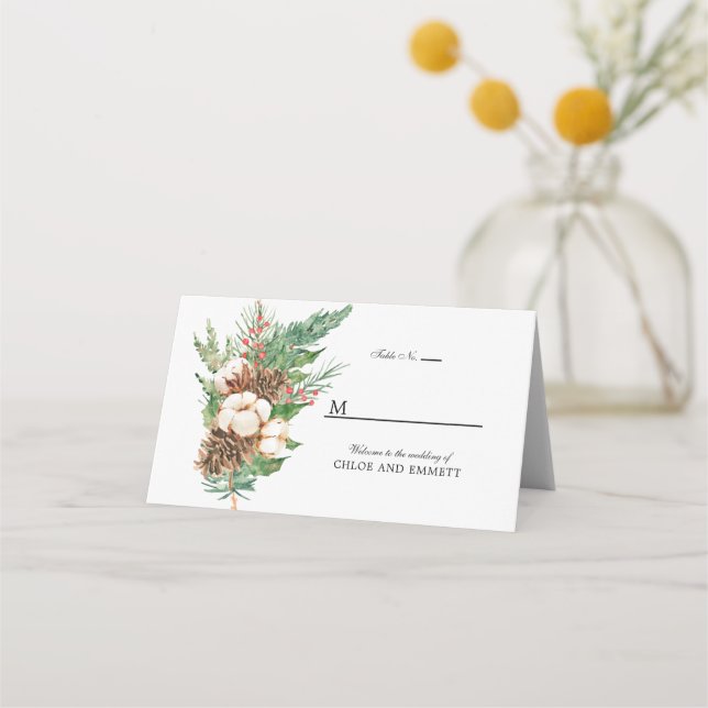 Tarjeta De Asiento Boda Floral Blanco Botánico de Invierno doblado (Anverso)
