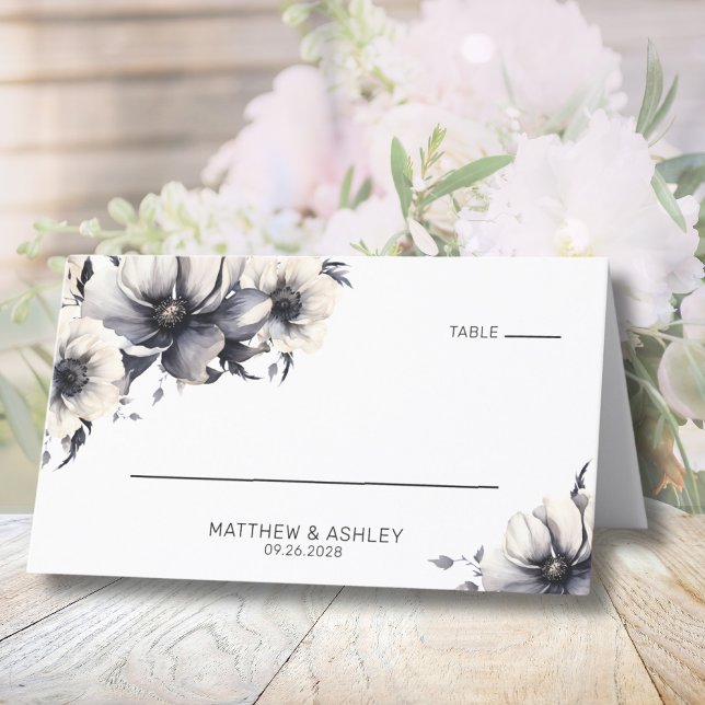 Tarjeta De Asiento Boda floral blanco negro simple y elegante (Simple Elegant Modern Floral Black White Wedding Place Card)