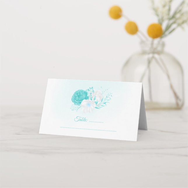 Tarjeta De Asiento boda floral blanco turquesa (Anverso)