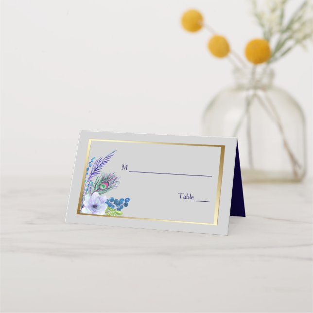 Tarjeta De Asiento Boda floral Boho azul de marco dorado (Anverso)