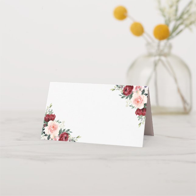 Tarjeta De Asiento Boda floral Boho Burgundy Rubor doblado (Anverso)