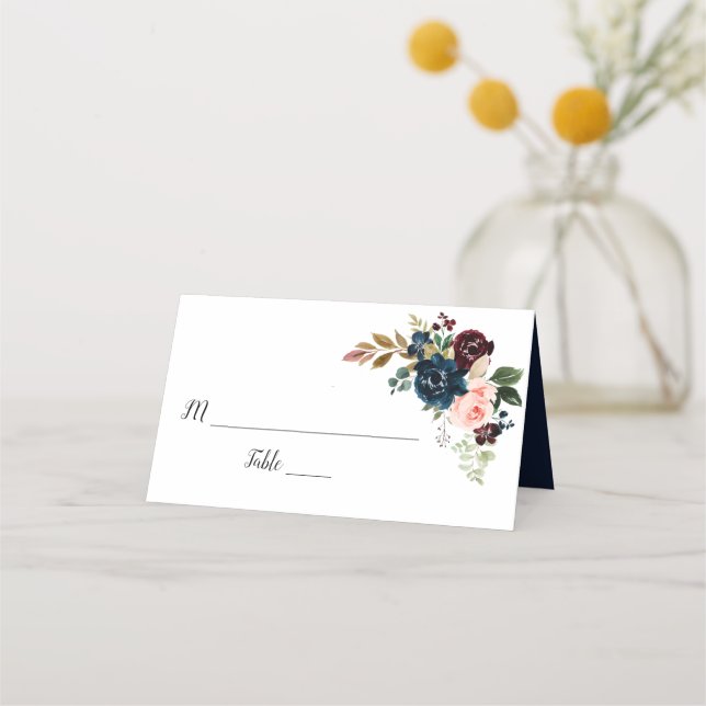 Tarjeta De Asiento boda floral burdeos, azul marino y rosa oscuro (Anverso)
