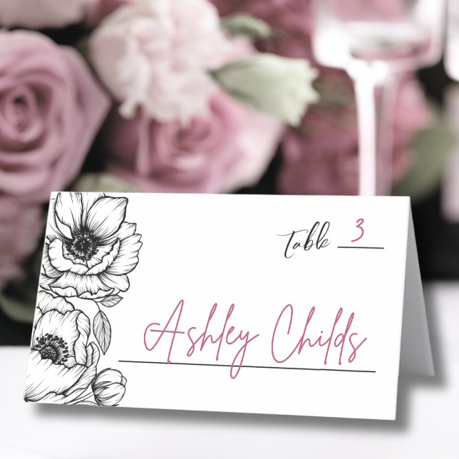 Tarjeta De Asiento Boda floral caprichoso de mano (Hand Drawn Whimsical Floral Wedding Place Card)